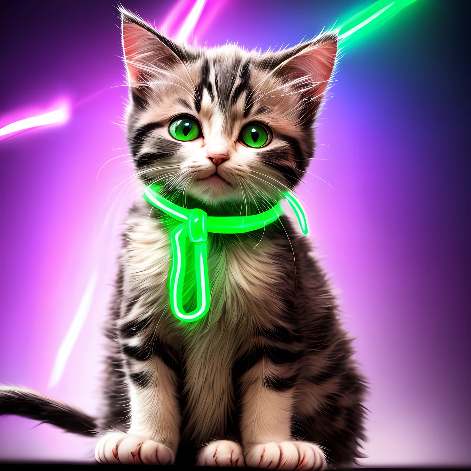 котенок UHD, 4K, в зеленом наряде на светло-фиолетовом неоновом фоне, улыбается, милый --авто