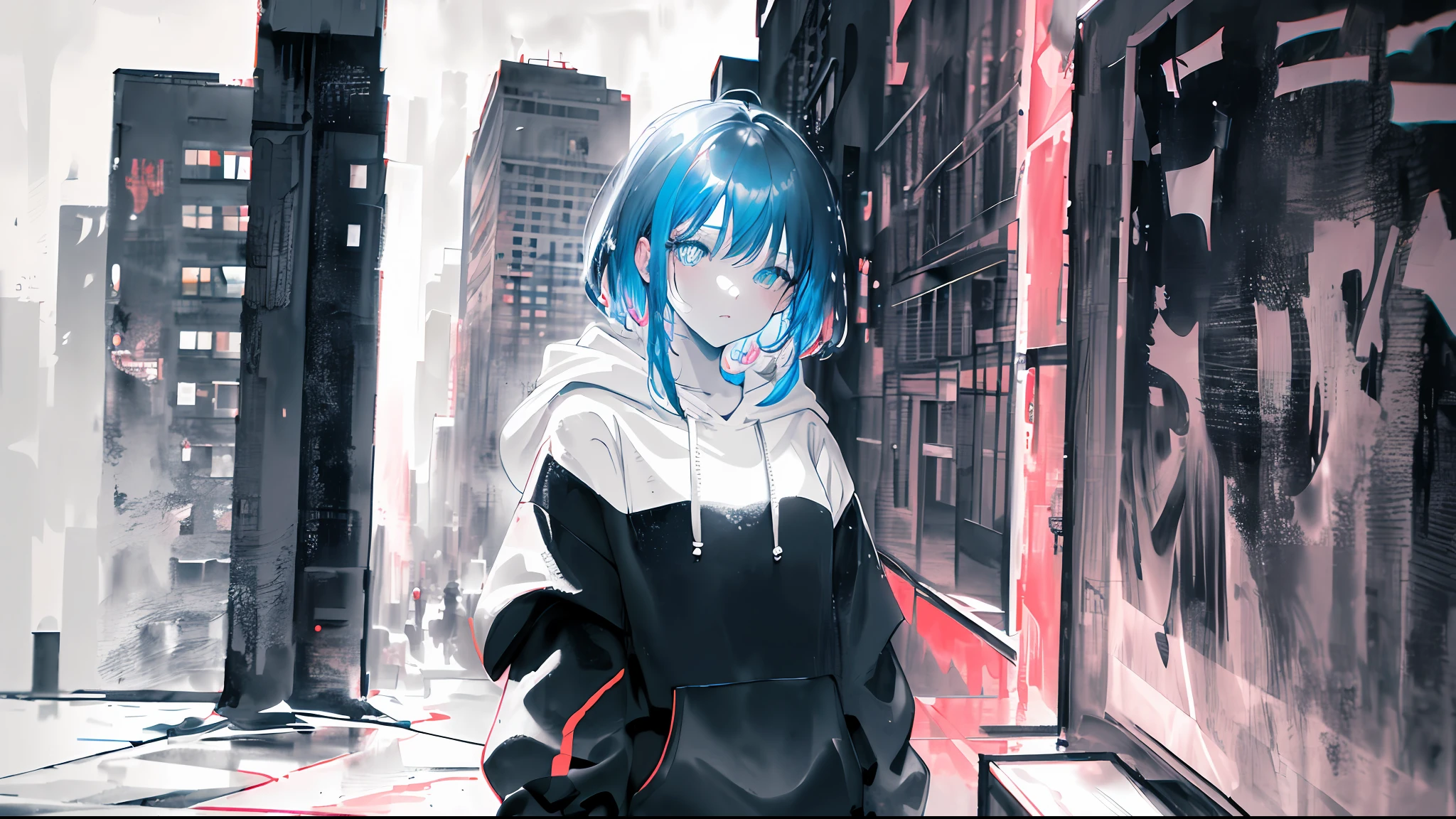 (art by Cornflower), (mdjrny-pntrt:1.3), (dalcefo), vaporwave, 
1 (slim:1.3) girl in hoodie, the girl has dreamy pupils, (look at veiwer:1.2), 
rainy city street, 
(chromatic aberration), (ink splash:1.3), (ink and wash painting), (partially colored:1.3), (graphite:1.2)