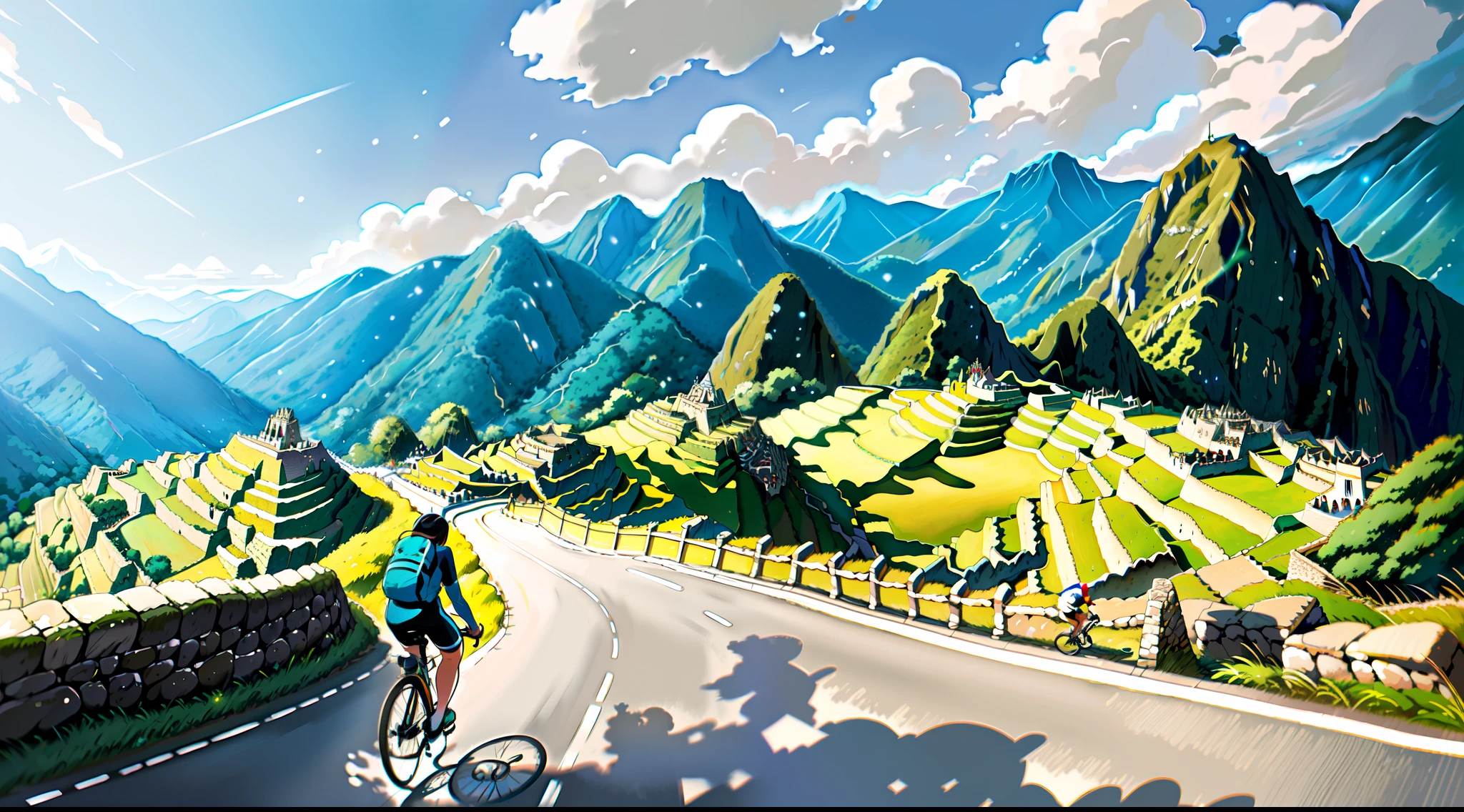 (Vélo: 1.5), (realistic Vélo: 1.5), (cycliste réaliste: 1.5), cycliste de dos, Pérou, Machu Picchu, encore des empires, Paysage d&#39;arrière plan, ombres, contraste, Makoto Shinkai (Meilleure qualité:1.3), (haute résolution:1) Art du Studio Ghibli Style, Impressionnisme, Solitude