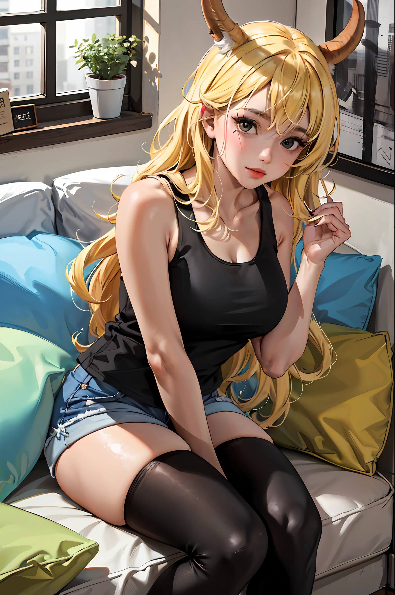 absurdres, best quality, 1girl, solo, looking at viewer, eye focus,  LucoaDM, CasualCL, shorts, tank top, thighhighs, heterochromia, eye focus, 
ADDCOMM
green eyes
ADDCOL
(black eyes:1.5), slit pupils, bright pupils, yellow pupils