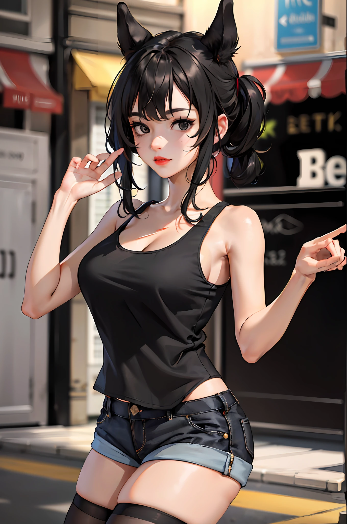 absurdres, best quality, 1girl, solo, looking at viewer, eye focus,  LucoaDM, CasualCL, shorts, tank top, thighhighs, heterochromia, eye focus, 
ADDCOMM
green eyes
ADDCOL
(black eyes:1.5), slit pupils, bright pupils, yellow pupils