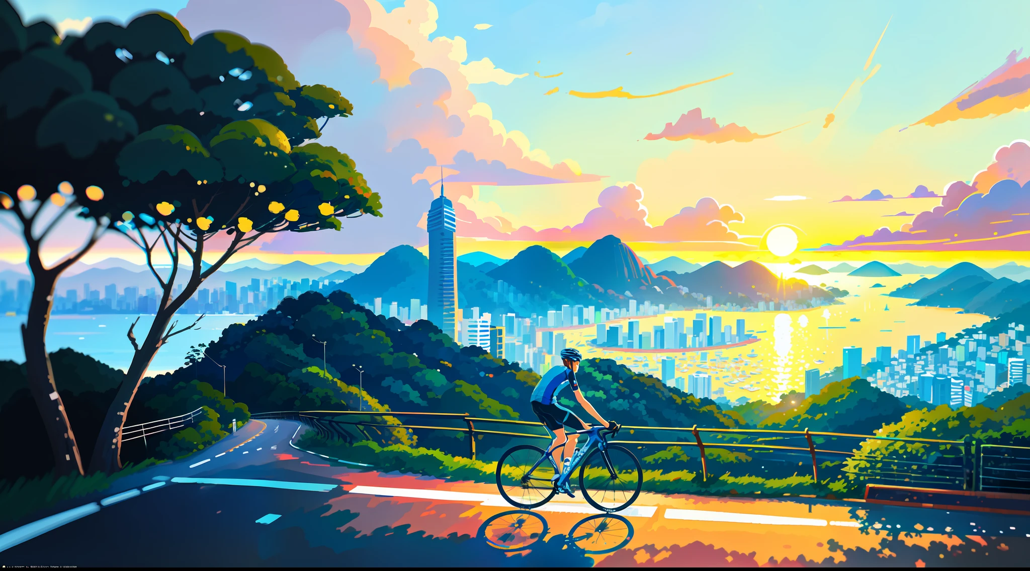 (bike: 1.5), (realistic bike: 1.5), (realistic cyclist: 1.5), back cyclist, Brazil, Rio de Janeiro, Corcovado, sunset, landscape background, shadows, contrast, makoto shinkai (Best quality: 1.3), (Highres:1) Art by Studio Ghibli Style, Impressionism, Vibrant colors