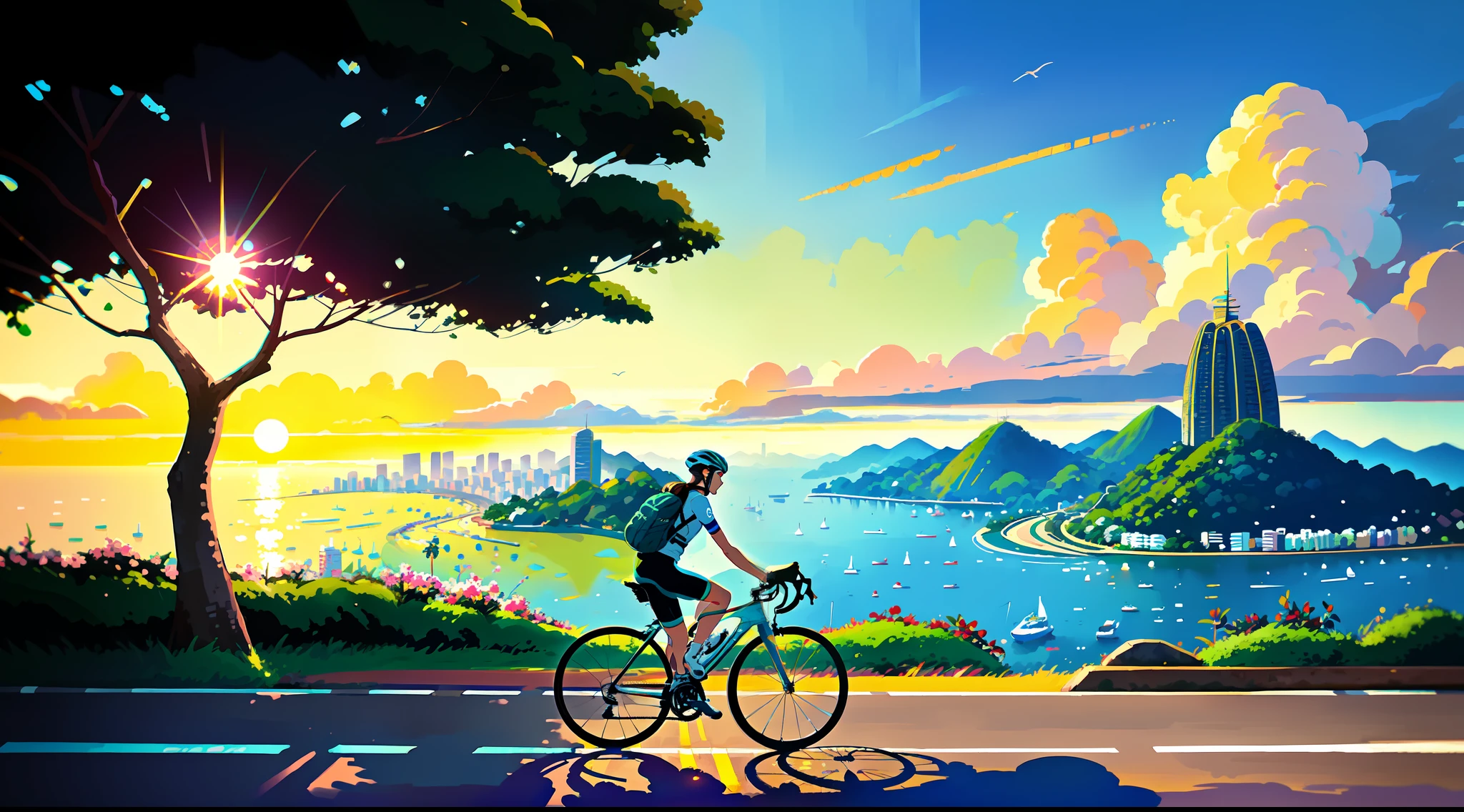 (bicicleta: 1.5), (realistic bicicleta: 1.5), (ciclista realista: 1.5), ciclista de espalda, Brasil, Rio de Janeiro, Corcovado, atardecer, paisaje de fondo, oscuridad, contrast, Makoto Shinkai (mejor calidad: 1.3), (alta resolución:1) Arte del estilo Studio Ghibli, Impresionismo, Colores vibrantes