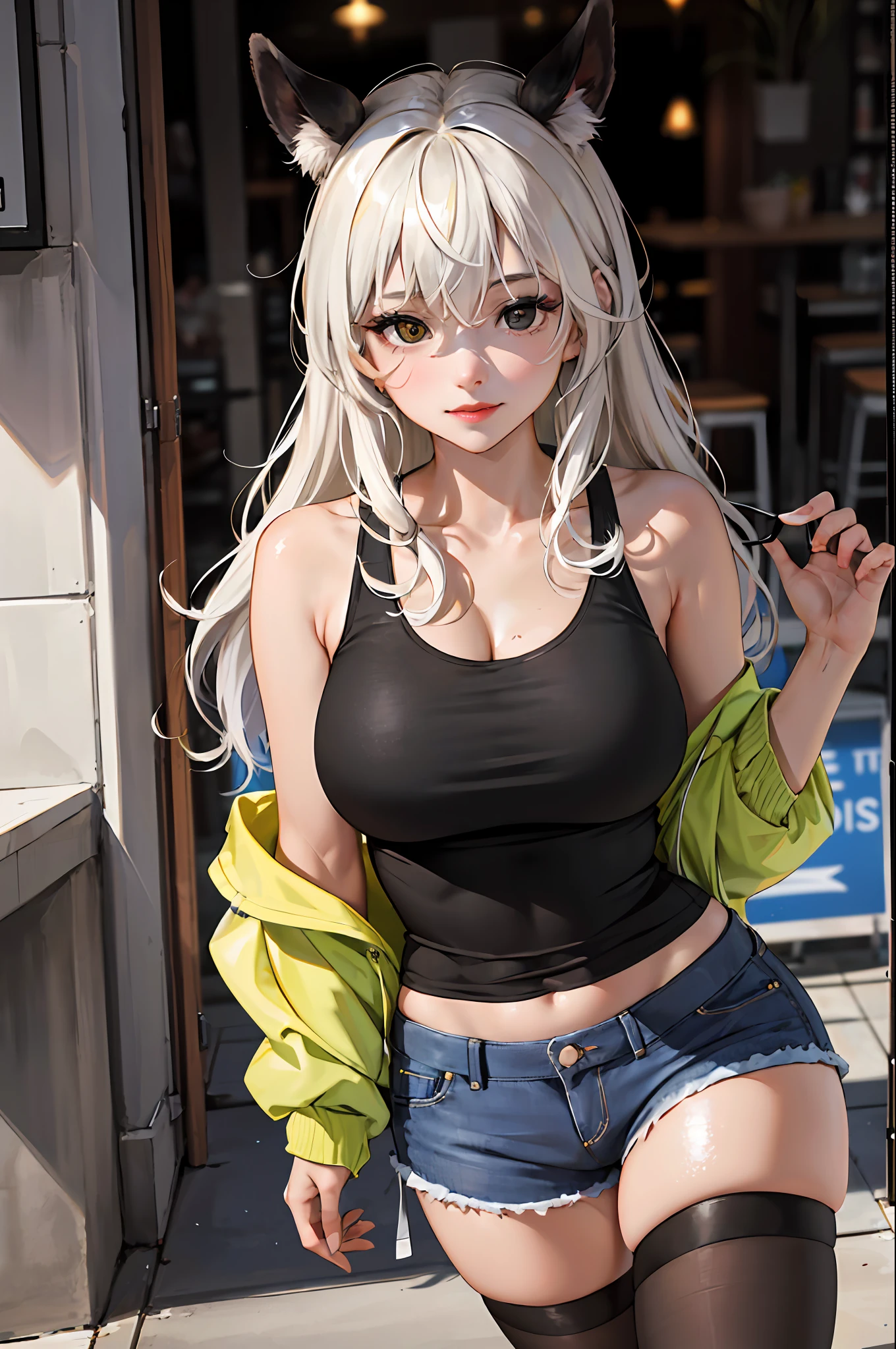 absurdres, best quality, 1girl, solo, looking at viewer, eye focus,  LucoaDM, CasualCL, shorts, tank top, thighhighs, heterochromia, eye focus, 
ADDCOMM
green eyes
ADDCOL
(black eyes:1.5), slit pupils, bright pupils, yellow pupils