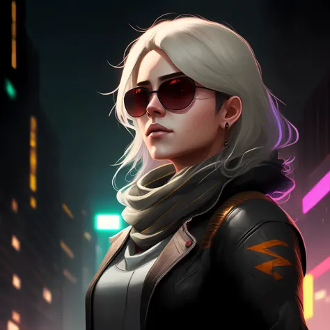 blond woman in a leather jacket and scarf standing in a city, the cyberpunk girl portrait, cyberpunk character art, cyberpunk themed art, cyberpunk digital painting, cyberpunk art style, cyberpunk jackie welles, cyberpunk beautiful girl, cyberpunk portrait...