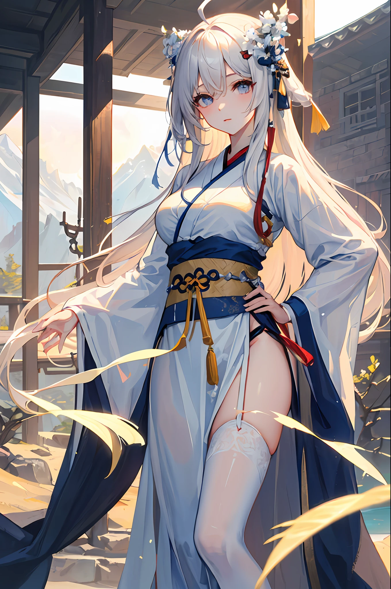 (masterpiece:1.5),(best quality:1.5),(ultra-detailed:1.5),illustration,cowboy shot,1girl,solo,(buildings),perfect face,lustrous skin,long hair,beautiful detailed eyes,beautiful flowing hair,(ru_qun:1.5),(hanfu:1.5),chinese clothes, white dress,white thighhighs, (bloom),lighting, ray tracing,outdoors,  mountains, nature,hair ornament, hair ribbon,hand on hip,looking at viewer,ahoge,large breasts, (deep depth of field:1.5),hair ornament, forest,barefoot sandals