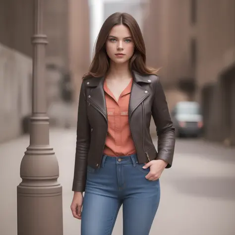 beautiful woman, blue eyes, straight brown hair, full lips, smart, wearing jeans and a leather jacket. Professional photography ...