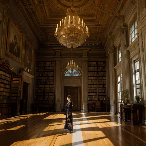 à la fed room with large windows with paintings on the ceiling and walls, in magnificent ornate rooms, in palaces, marble rooms,...