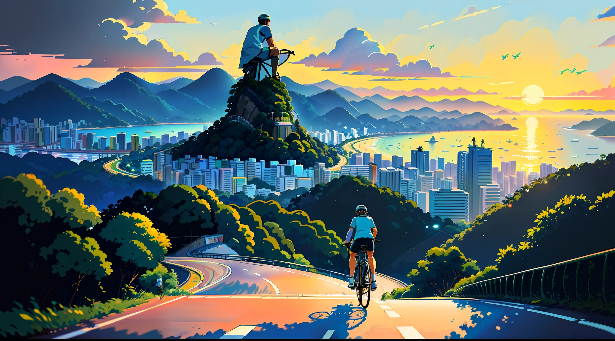 (Vélo: 1.5), (realistic Vélo: 1.5), (cycliste réaliste: 1.5), cycliste de dos, Brésil, Rio de Janeiro, Statue du Corcovado, coucher de soleil, Paysage d&#39;arrière plan, ombres, contraste, Makoto Shinkai (Meilleure qualité:1.3), (haute résolution:1) Art du Studio Ghibli Style, Impressionnisme, couleurs vives