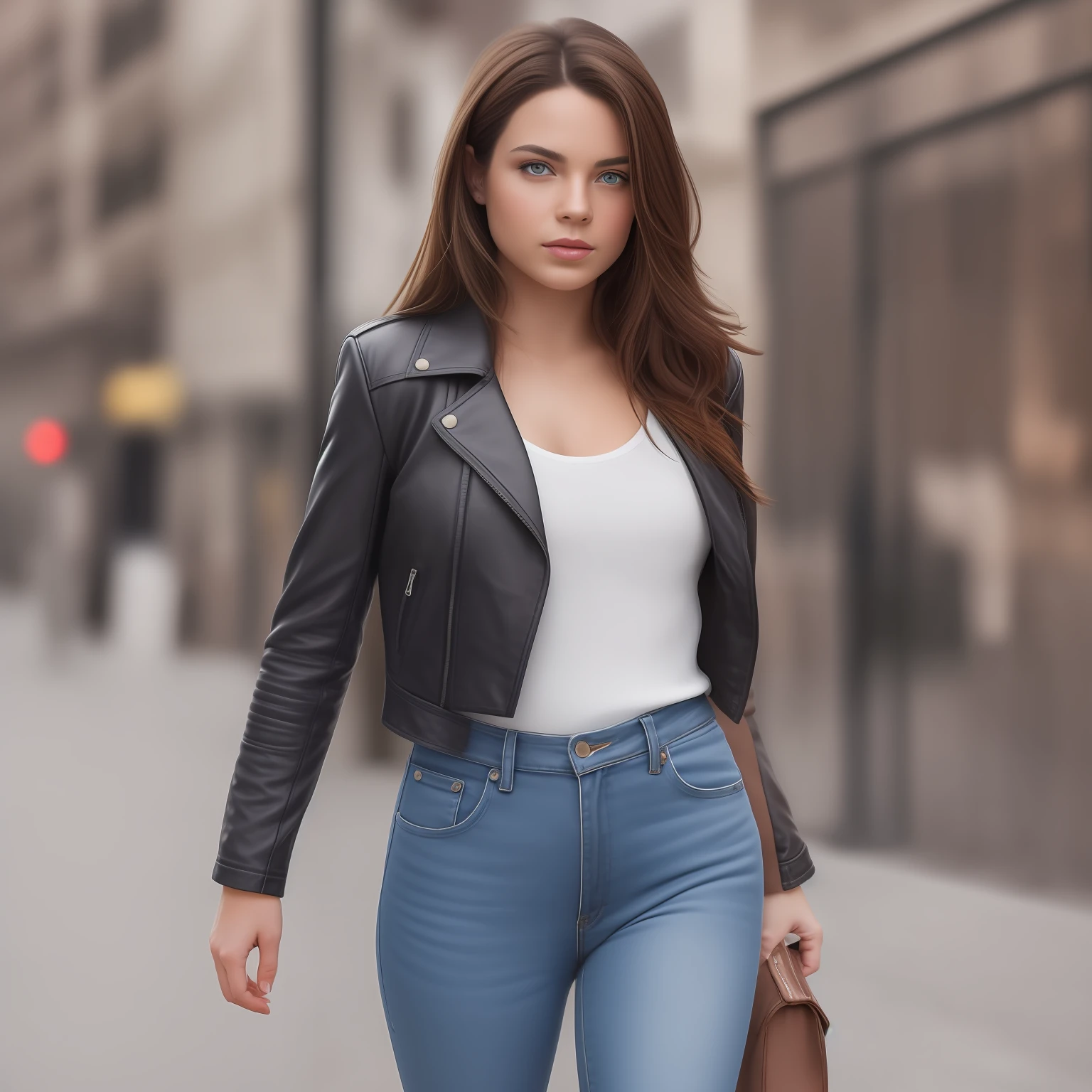 Beautiful woman, blue eyes, straight brown hair, full lips, smart, wearing jeans and a leather jacket. Professional photography in high resolution, taking into account the best focus, distance, lighting and sharpness --seed 845406844