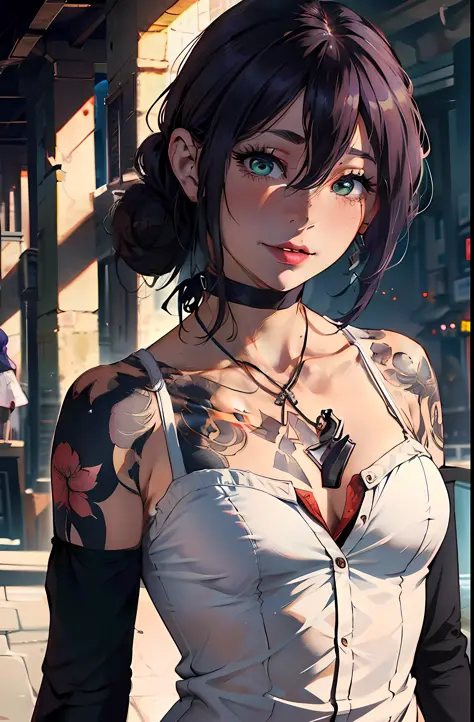 (very detailed background:1.0), (highly detailed background:1.0), (Masterpiece), High Quality, 1girl, woman, tattoo, irezumi, depth of field, dynamic lighting, high quality shadows, feminine, plunging neckline, breast curtains, Revealing clothes, , white dress, reze, purple hair