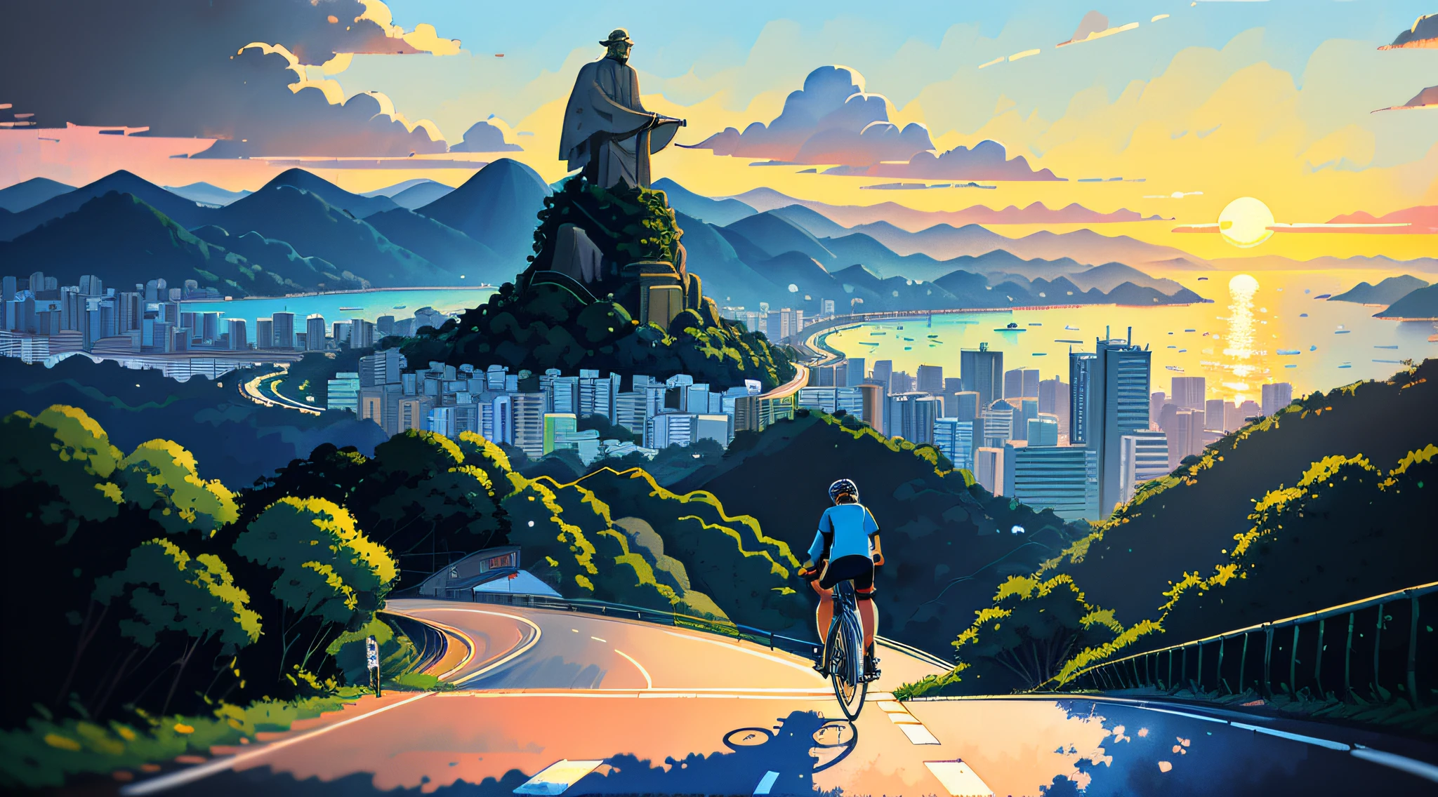 (bike: 1.5), (realistic bike: 1.5), (realistic cyclist: 1.5), back cyclist, Brazil, Rio de Janeiro, Corcovado statue, sunset, landscape background, shadows, contrast, makoto shinkai (Best Quality:1.3), (Highres:1) Art by Studio Ghibli Style, Impressionism, Vibrant colors