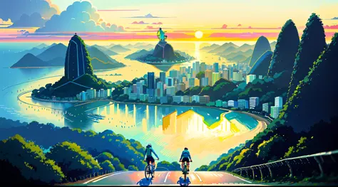 (bike: 1.5), (realistic bike: 1.5), (realistic cyclist: 1.5), back cyclist, Brazil, Rio de Janeiro, Christ the Redeemer statue, sunset, landscape background, shadows, contrast, makoto shinkai (Best Quality:1.3), (Highres:1) Art by Studio Ghibli Style, Impr...