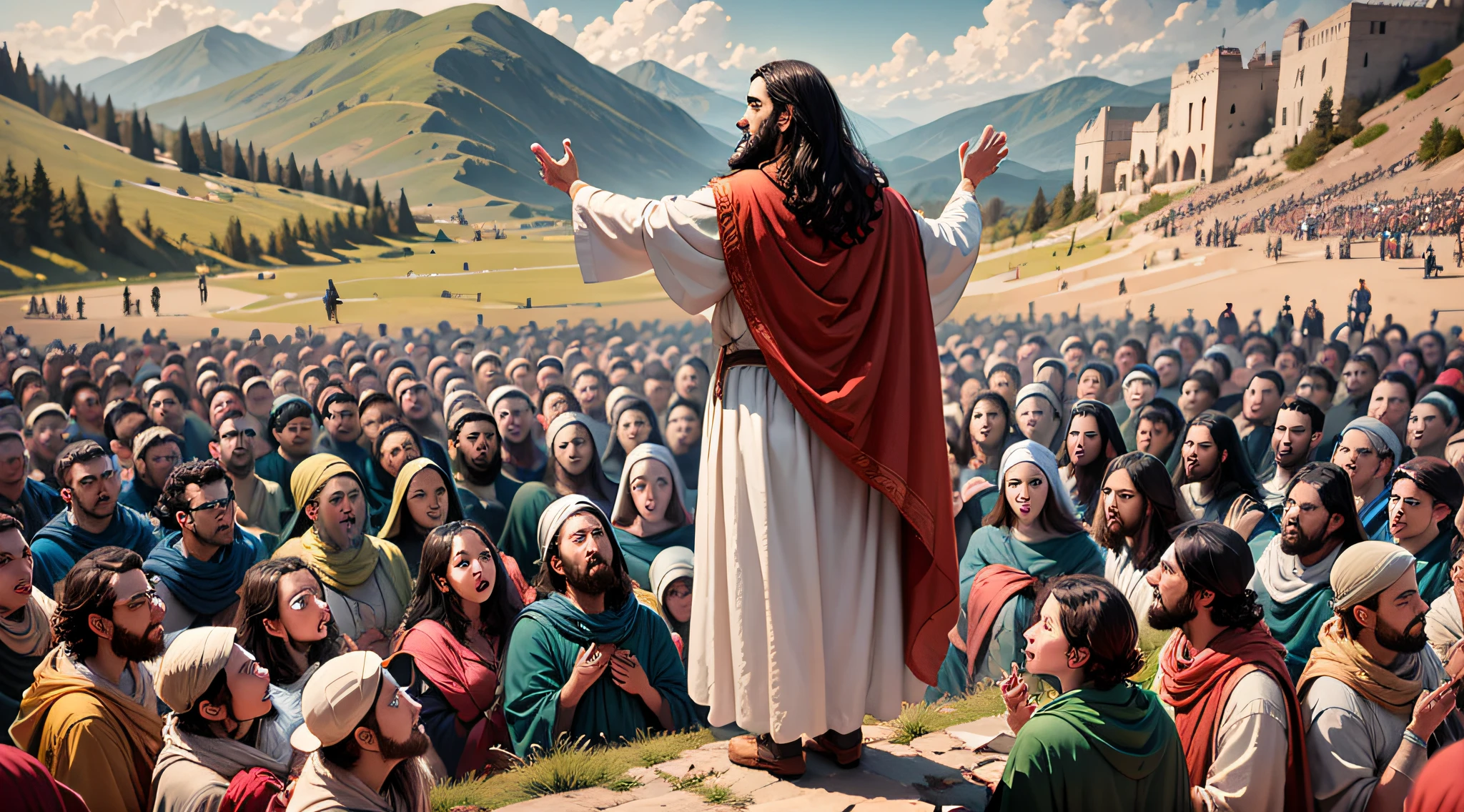 예수께서 산상수훈을 하시는 장면, 많은 사람들에 둘러싸여 있습니다.
