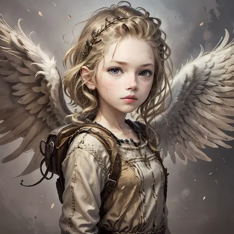 face of a child in front, with angel wings, realistic style,8k
