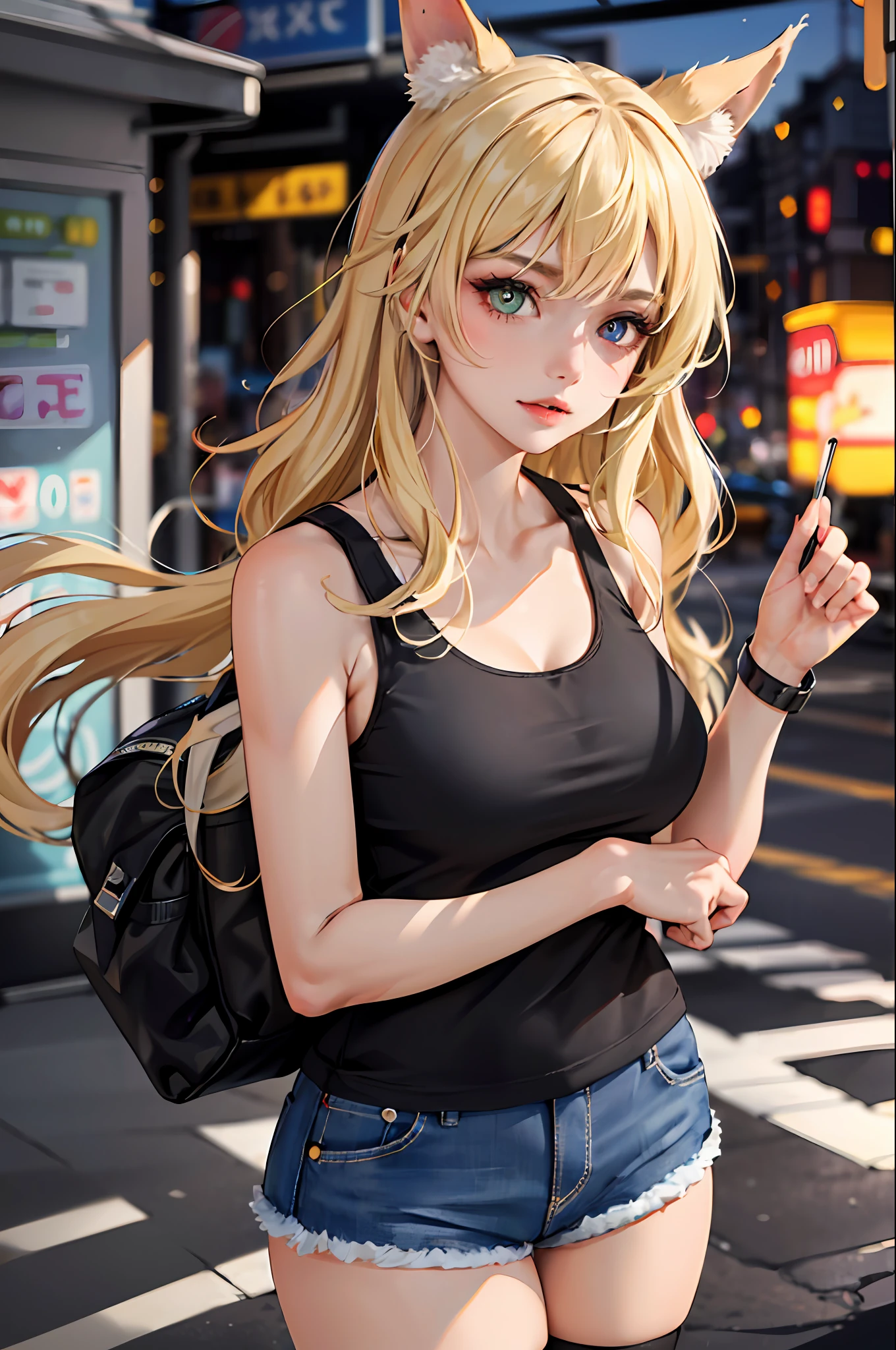 absurd, best quality, 1girl, solo, look at the viewer, eye focus, LucoaDM, CasualCL, shorts, tank top, hips, heterochromia, focus on the eyes, fox ears 
ADCOMM
Green Eyes
ADDCOL
(black eyes: 1.5), slit pupils, light pupils, yellow pupils