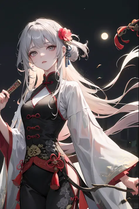 Masterpiece, Best, Night, Full Moon, 1 Female, Mature Woman, Chinese Style, Ancient China, Elder Sister, Royal Sister, Cold Face, Expressionless, Silver White Long Haired Woman, Pale Pink Lips, Calm, Intellectual, Three Belts, Gray Hitomi, assassin, dagger...
