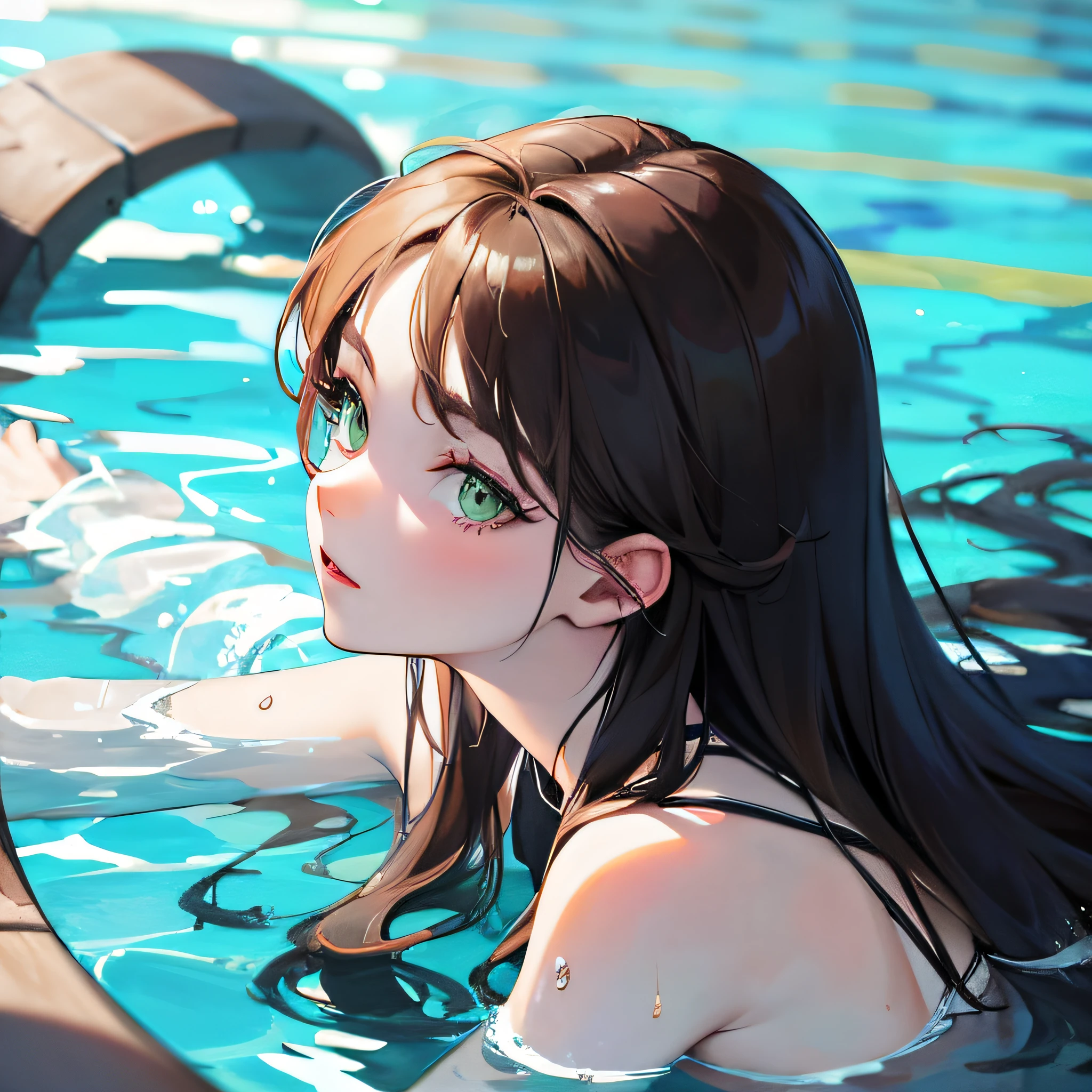 Anime girl in a swimming pool with a smile on her face - SeaArt AI