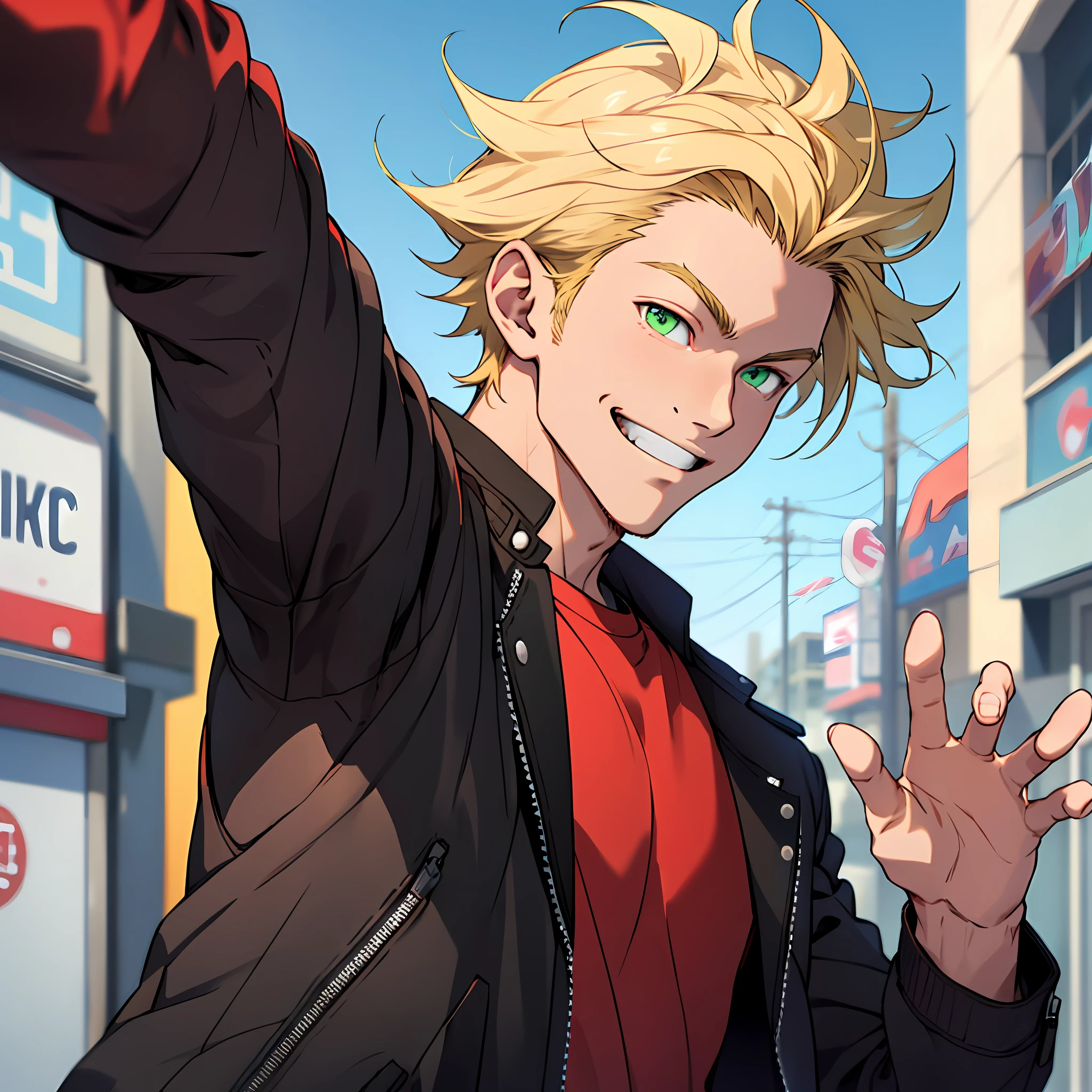 Anime character with blonde hair and green eyes in a city - SeaArt AI