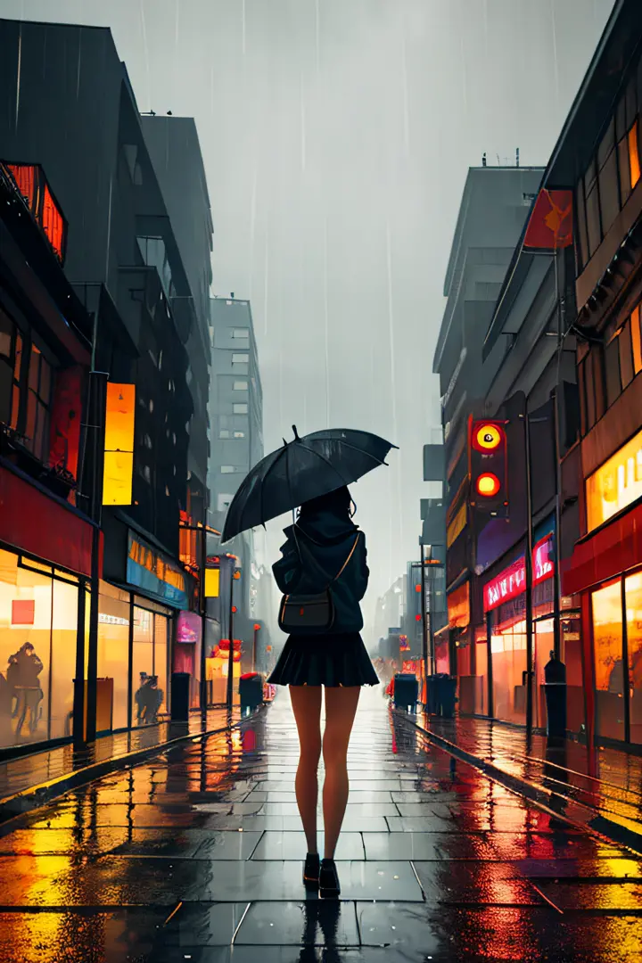 masterpiece,best quality,1girl, city,landscape,rain,umbrella,from behind