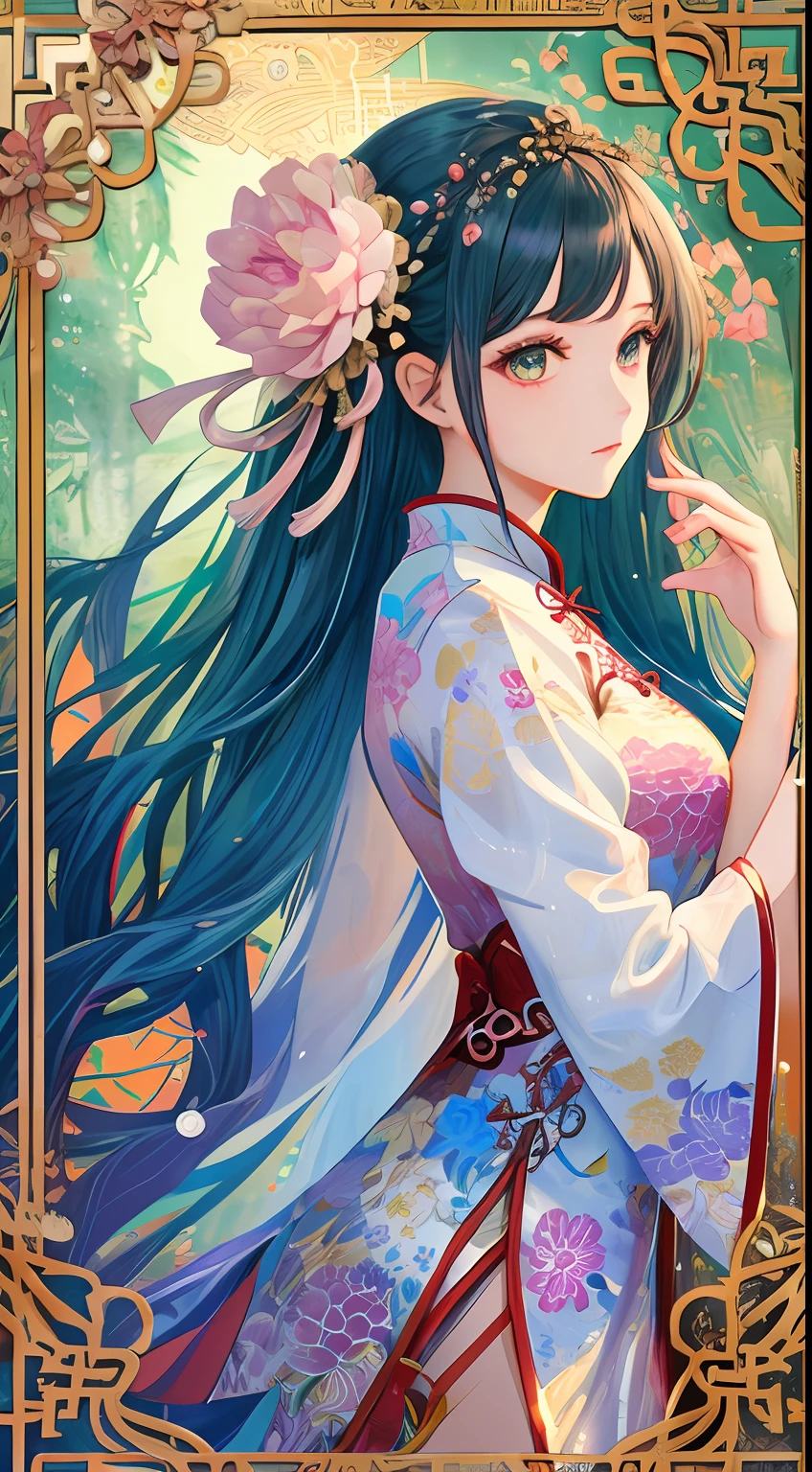 1 girl, masterpiece, top quality, beautiful and aesthetic: 1.2, fractal art: 1.3, beautiful girl fits within picture frame, picture frame, detailed cheongsam, detailed and beautiful round frame, flower flower, iridescent hair, background gradient, chinese style, elegant, glitter, bun hair, full body