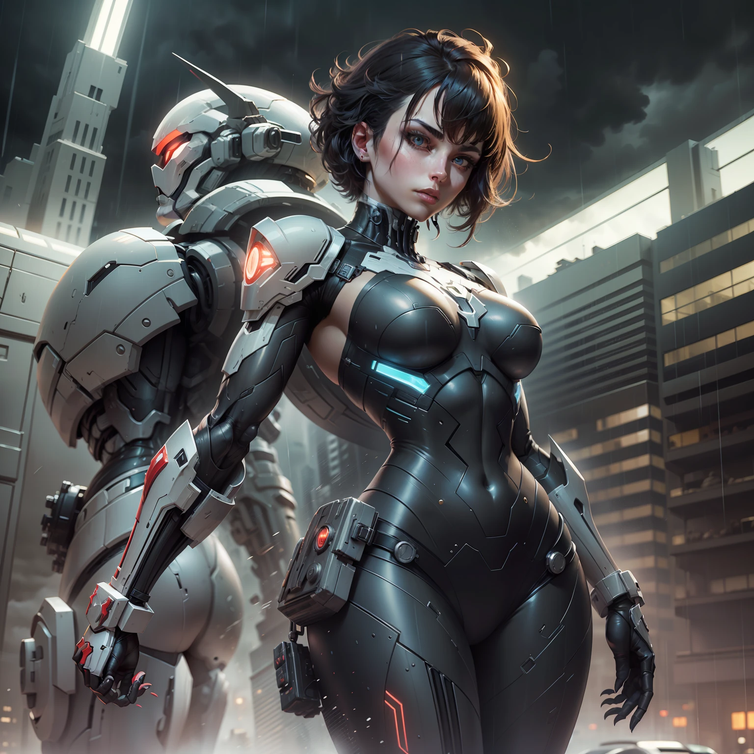 rogue (x-men), beautiful girl, sculptural body sexy makeup, masterpiece, best quality, cowboy shot, 1girl, solo, short hair, black tech bodysuit, armor bodysuit, bangs, hero pose, attack poses, in a dark Gotham city, (in a scary Gotham city), ((Gothan rainy storm)), ethereal and mecha theme, Warframe Art, anime mecha aesthetic, cybernetic suit, Mecha Armor, (black color armor with red1. two)