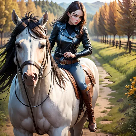 On a farm, beautiful woman, blue eyes, straight brown hair, full lips, intelligent, wearing jeans and a leather jacket, mounted on a white horse. --seed 845406844