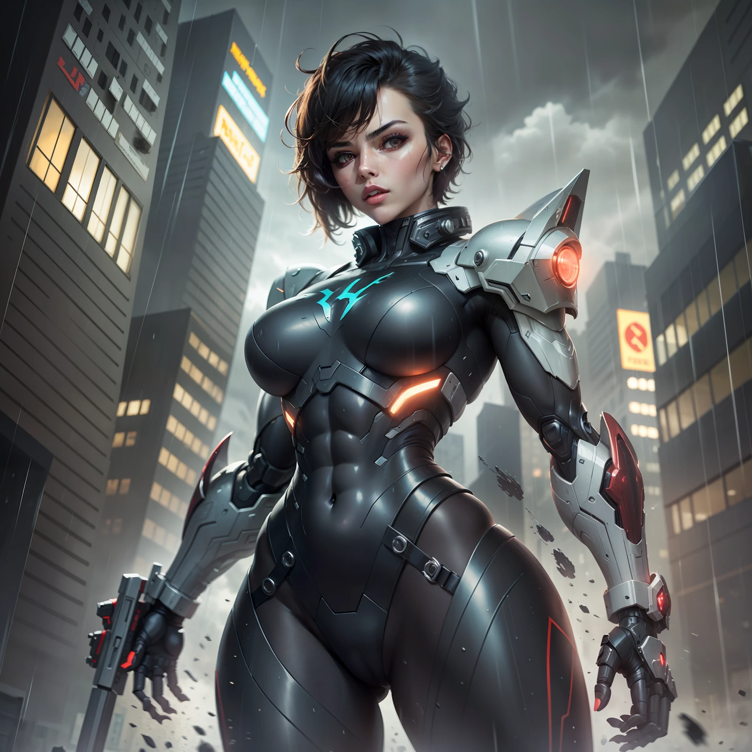 rogue (x-men), beautiful girl, sculptural body sexy makeup, masterpiece, best quality, cowboy shot, 1girl, solo, short hair, black tech bodysuit, armor bodysuit, bangs, hero pose, attack poses, in a dark Gotham city, (in a scary Gotham city), ((Gothan rainy storm)), ethereal and mecha theme, Warframe Art, anime mecha aesthetic, cybernetic suit, Mecha Armor, (black color armor with red1. two)