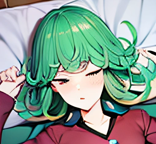 drawing of a woman in a bed, tatsumaki, bedroom, sleeping woman, beautiful, tender, eyes well made, hands well made, anime girl with curly green hair, pink nightgown, small breasts, point of view from above