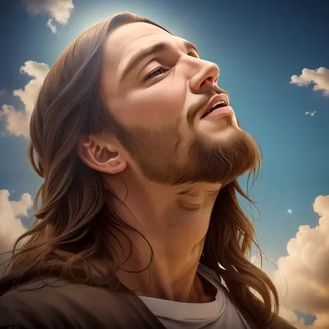 Award-winning realistic photo of Jesus Christ (looking up at the sky:1.3), expression conveying a sense of satisfaction and vict...