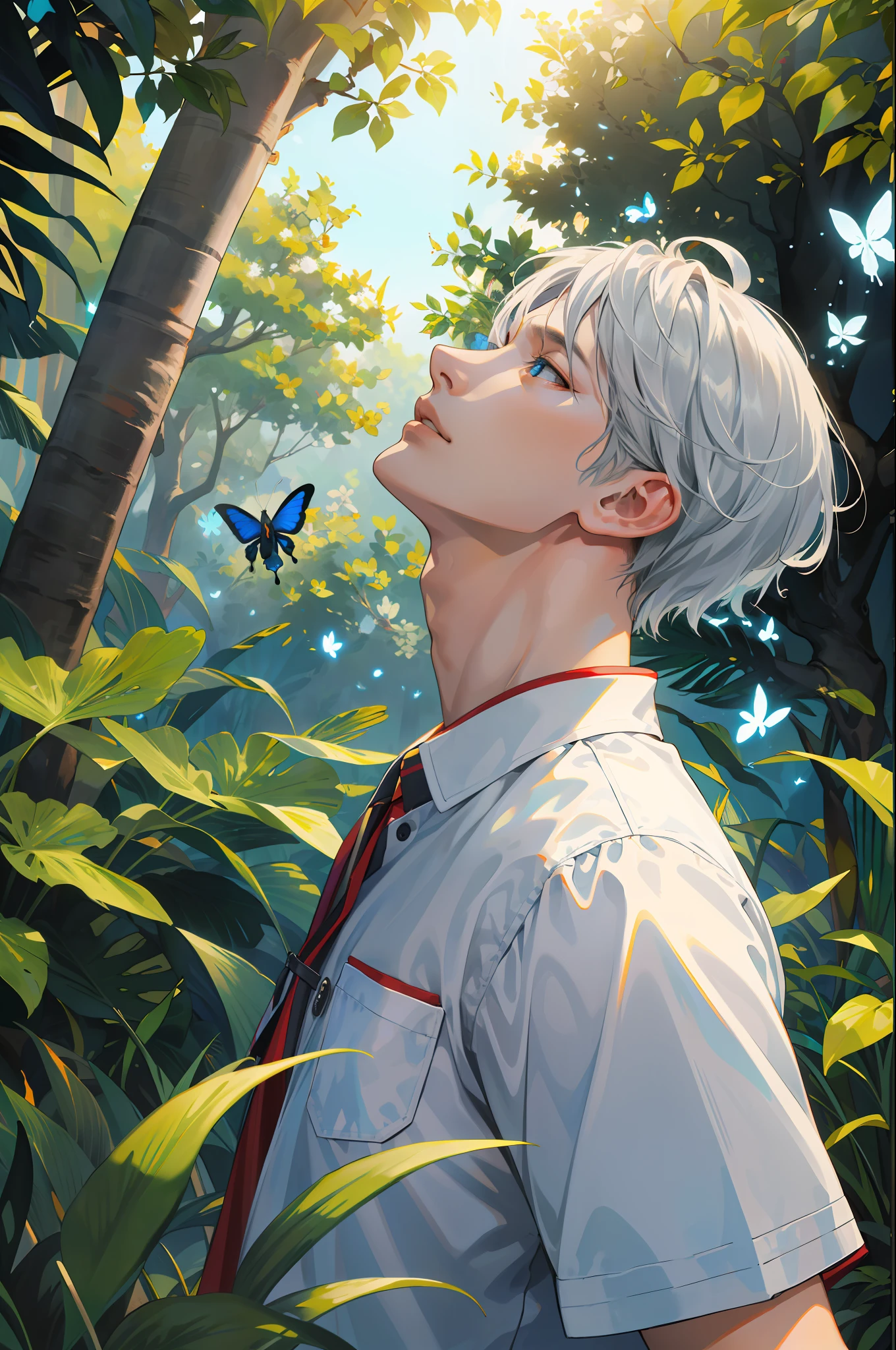 (absurd, high resolution, super detailed), one male, solo, adult, (mature: 1.4, age: 1.4), tall muscular man, broad shoulders, handsome, angular jaw, thick neck, break, looking up to the sky, short silver hair, blue eyes, short sleeves, forest, trees full of greenery, fluttering leaves, natural light and shadow, jungle exploration, glowing butterflies, lots of plants, depth of field, zaurayashiki ranmaru, upper body