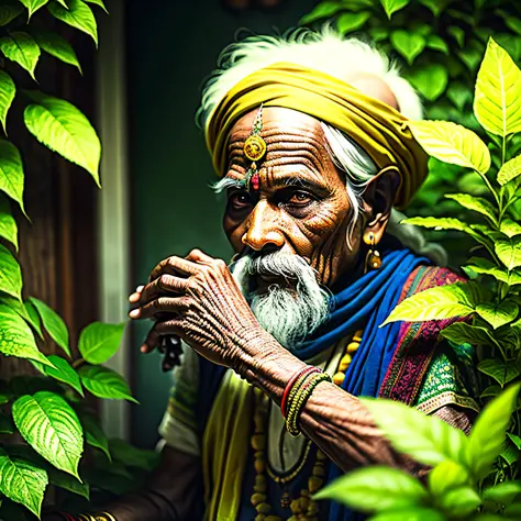 Elderly Indian with plants and herbs --auto