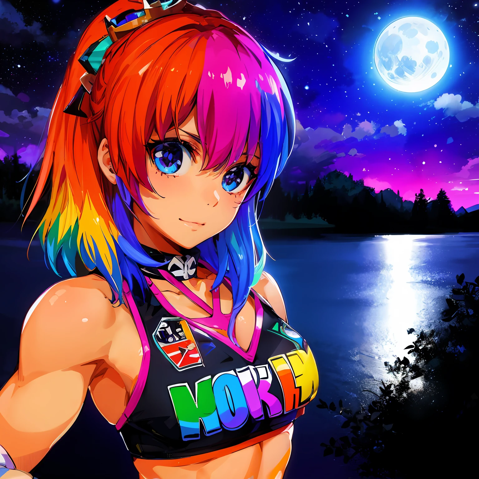 A woman with colorful hair and a black top standing in front of a lake -  SeaArt AI