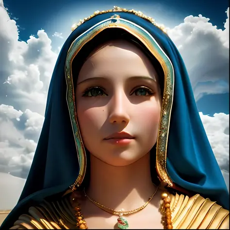 realistic image of our lady, wearing a tunic and a blue and gold veil ...