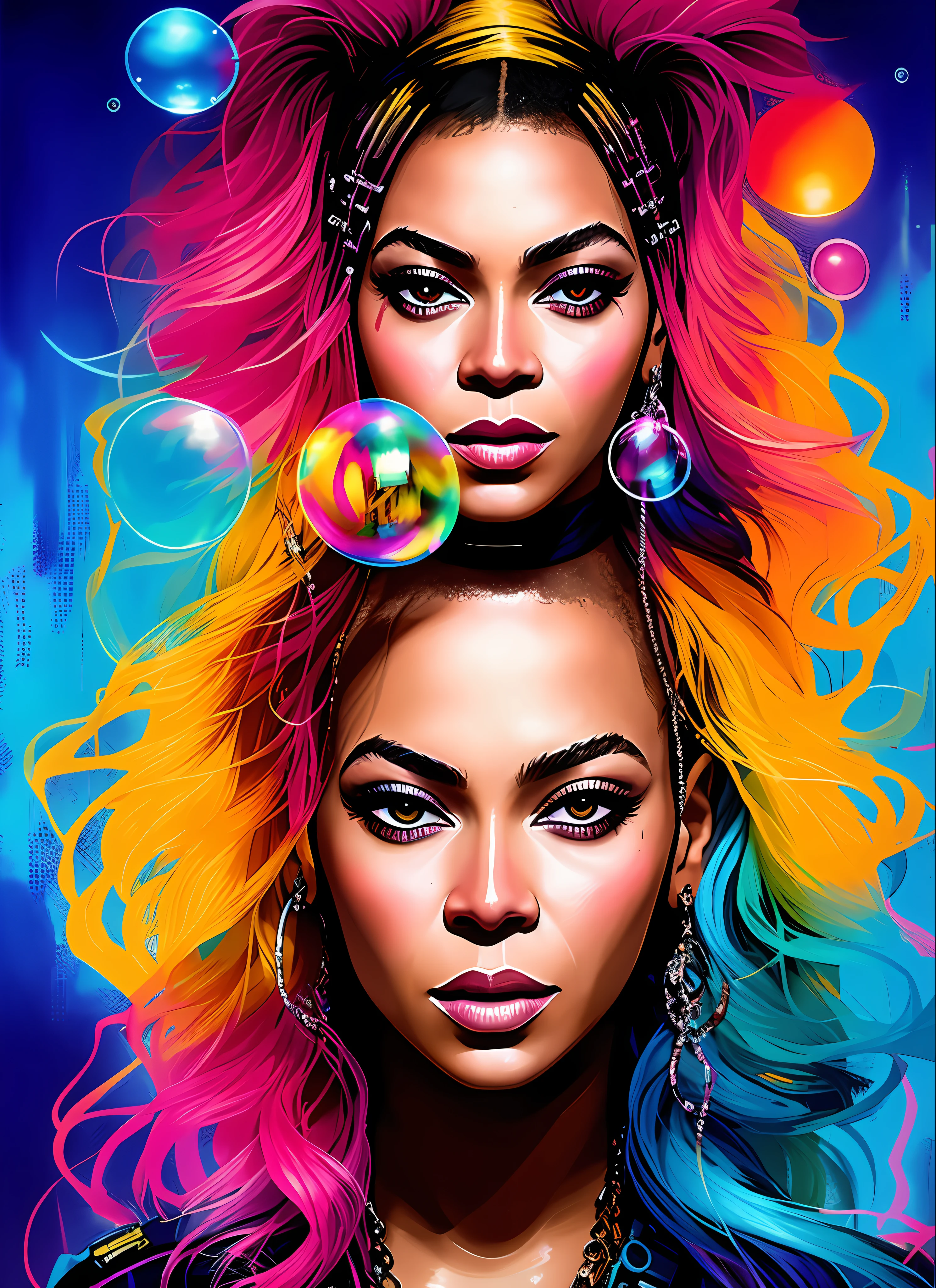 SynthwaveDrunken Beautiful Beyoncé como Delirium โดย Sandman, (ฟองสบู่สีสันสดใสชวนหลอน), พวกเขา เจเรมี มานน์, โดยแซนดร้า เชฟเรียร์, เดฟ แม็กเคียน และริชาร์ด อาเวดอน และมาเซียจ คูเซียรา, พังค์ร็อก, สาวรถถัง, รายละเอียดสูง, 8k