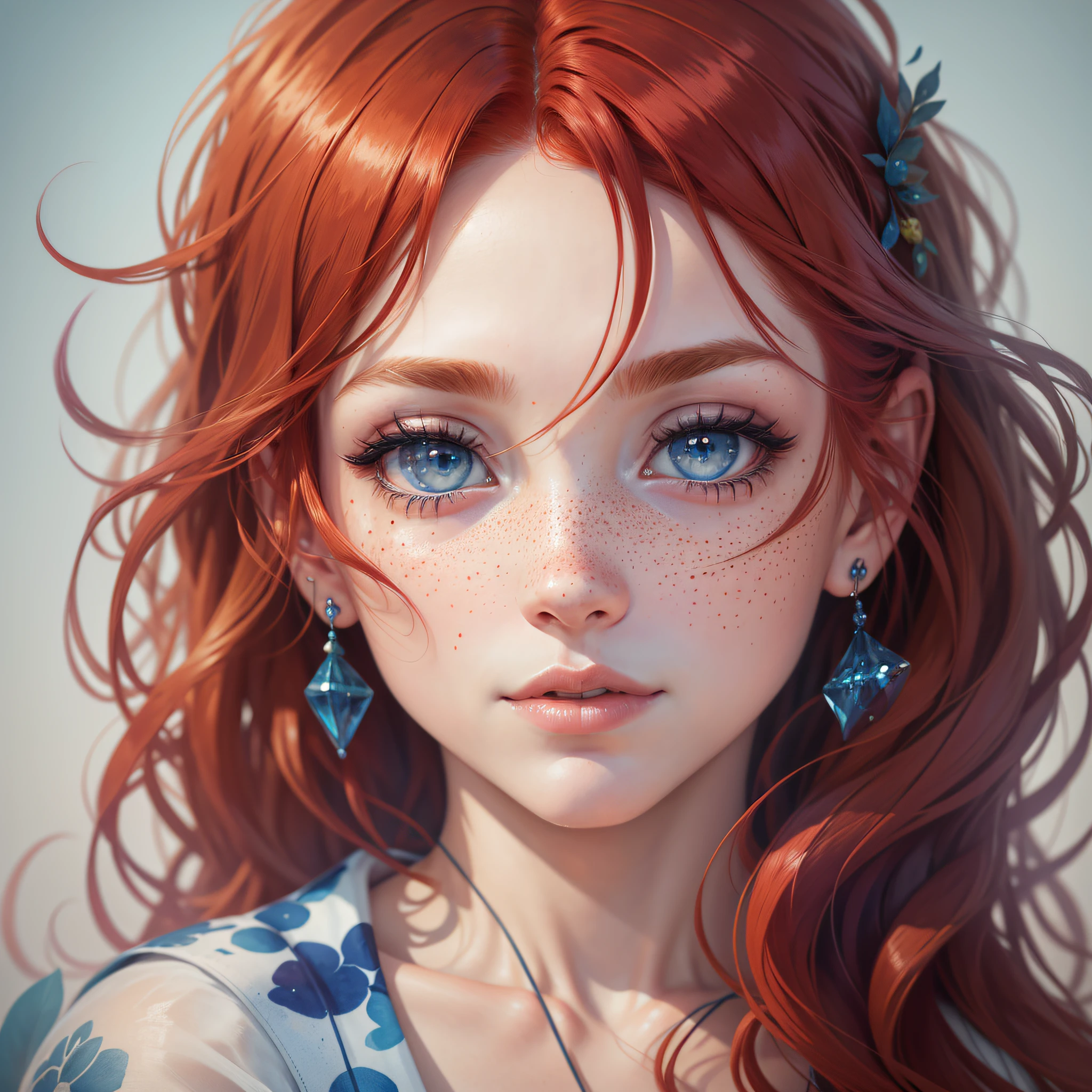 portrait,beautiful face,masterpiece,redhead,cute freckles,fantasia,aquarela,looking at the viewer,minimalista,lábios suaves,busto,altamente detalhado,beautiful blue eyes,long hair,head jewel, --auto --s2