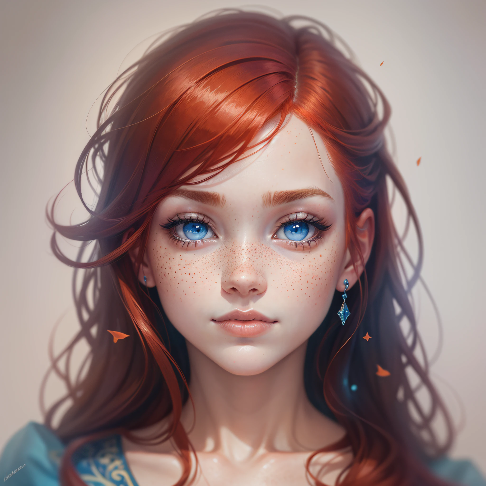 portrait,beautiful face,masterpiece,redhead,cute freckles,fantasia,aquarela,looking at the viewer,minimalista,lábios suaves,busto,altamente detalhado,beautiful blue eyes,long hair,head jewel, --auto --s2