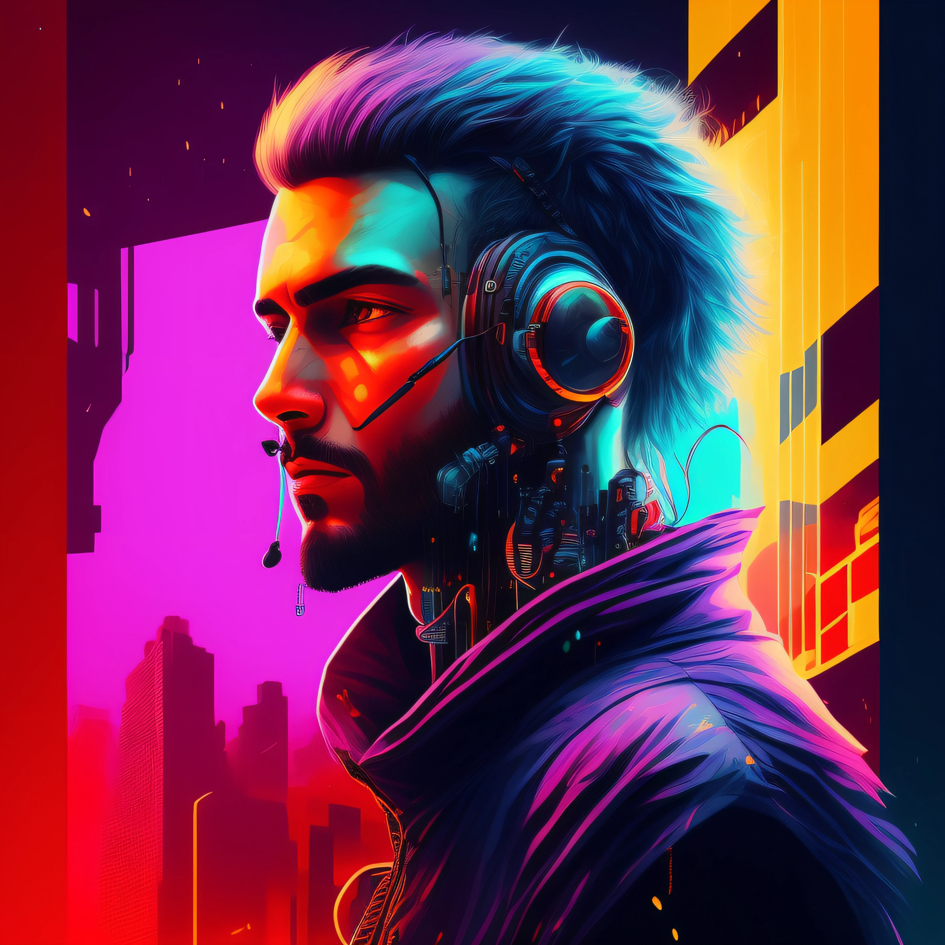 Man, cyberpunk style portrait, futuristic (neon: 1.1) reflective wear ...