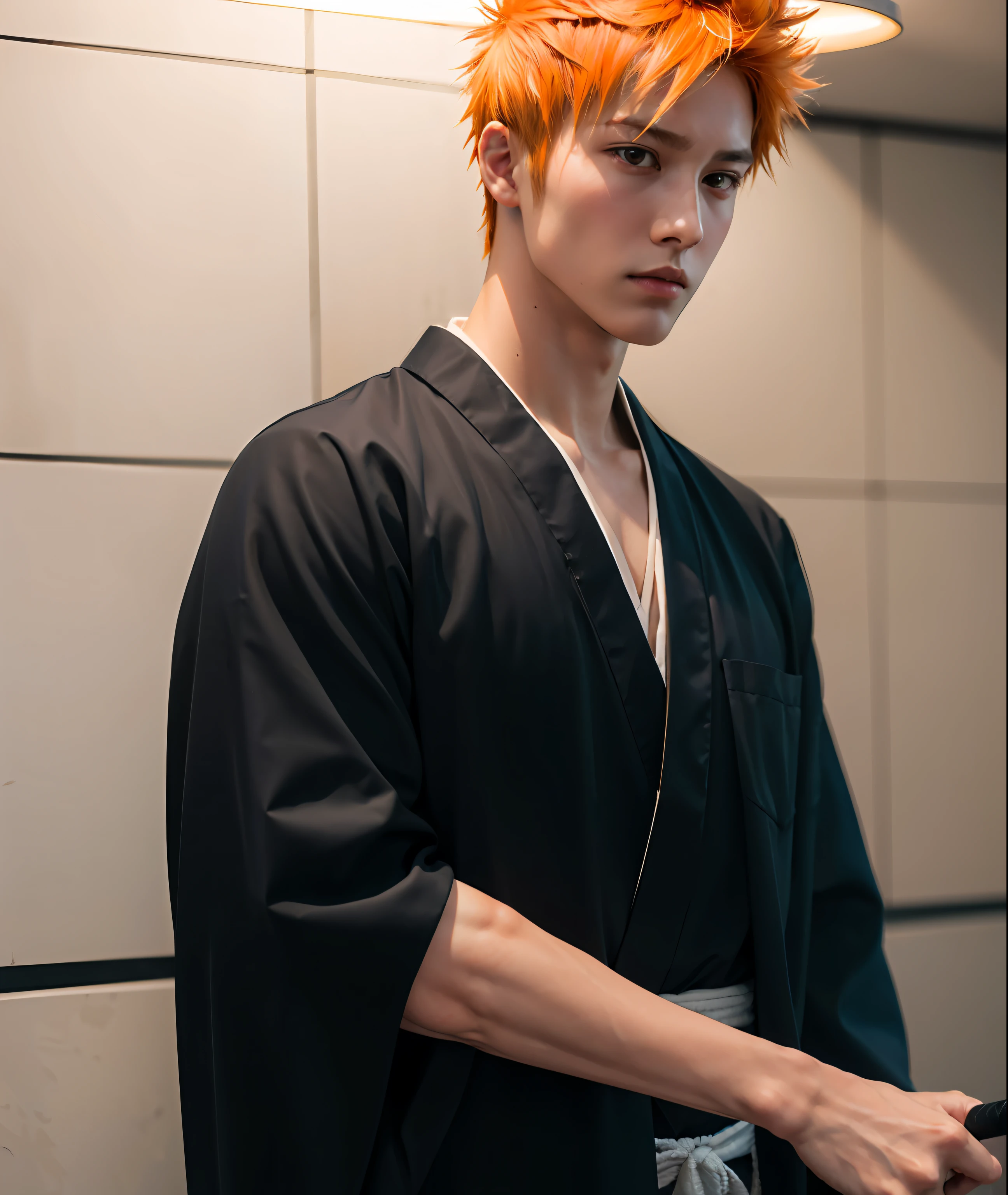 1boy, masterpiece, (photorealistic: 1.5), best quality, beautiful lighting, real life, bleach kurosaki ichigo, katana in hand, black clothes, orange hair,(masterpiece, best quality:1.2), male focus, 1boy, kurosaki ichigo, brown eyes, japanese clothes, black kimono