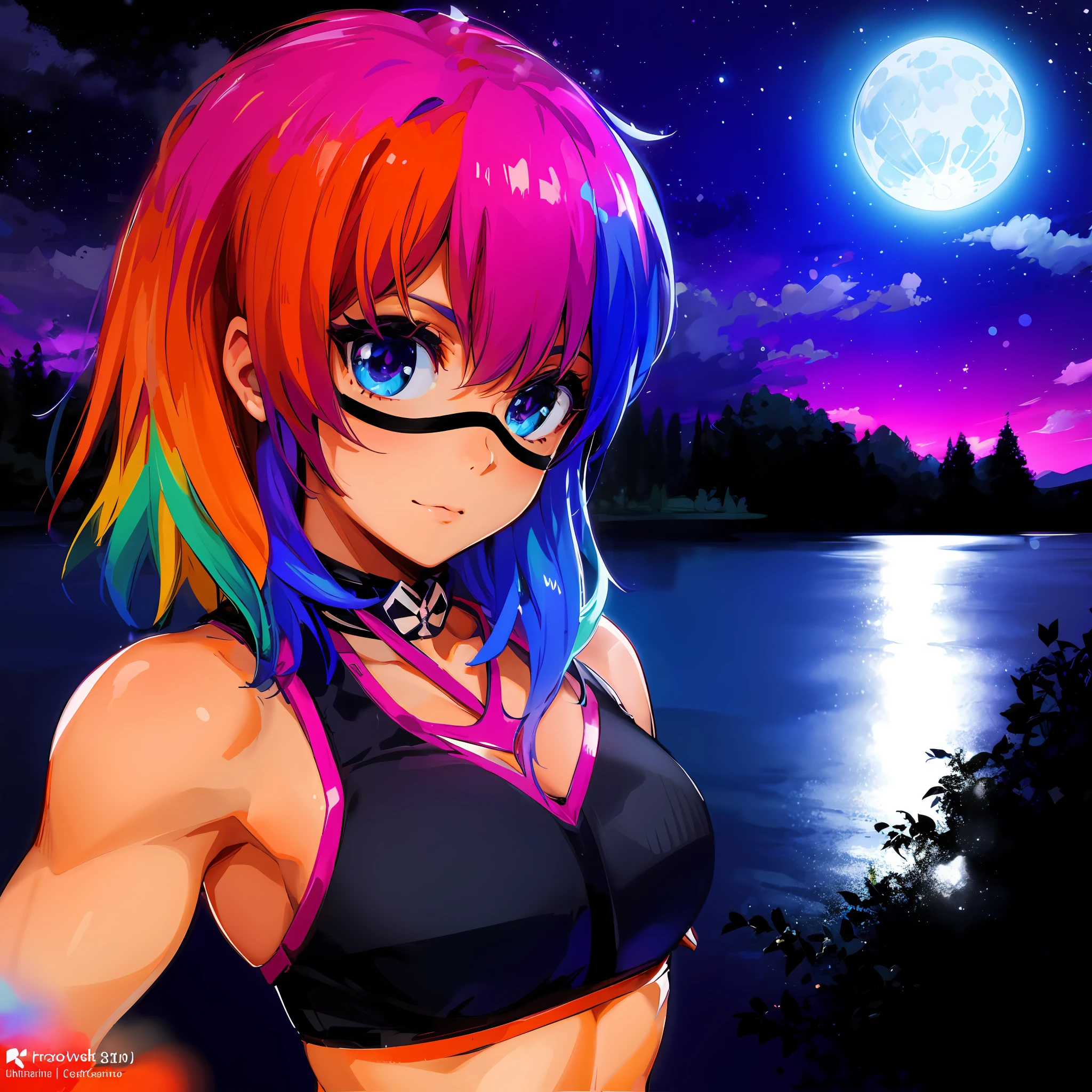 A woman with colorful hair and glasses standing in front of a lake - SeaArt  AI