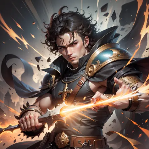 Realistic image of a strong, brunette man, curly hair, dressed in black cleric's costumes with shoulder pads, anime character style art, fighter posture, determined expression, aura of energy around the body