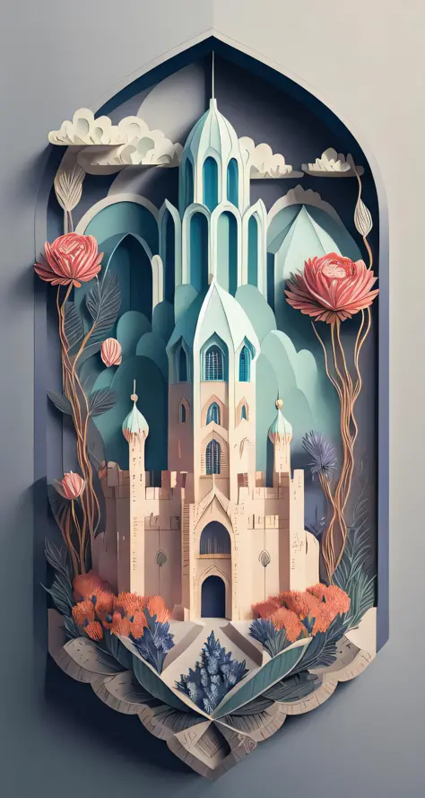 realistic, (best quality, masterpiece:1.3),
isometric, flowers castle, blue rose, grey background,  papercarvingcd-000004