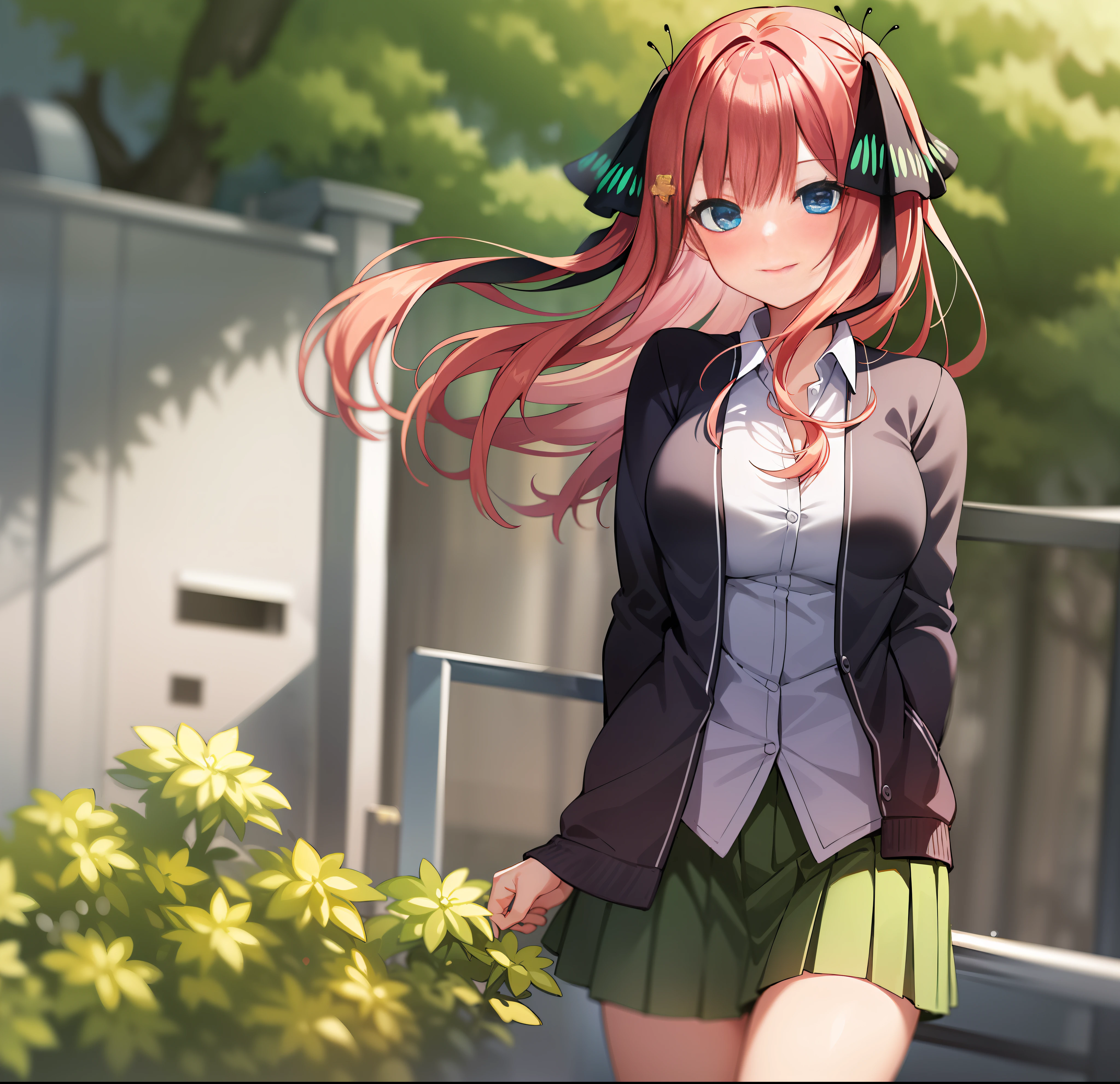 2d, masterpiece, best quality, anime, highly detailed, 1girl, solo, cowboy shot, nakano nino, pink hair, butterfly hair ornament, black cardigan, collared shirt, green skirt, miniskirt, medium breasts, standing, school, outdoors, smile