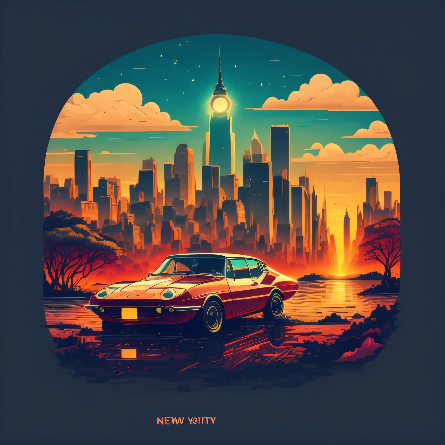 I would like a unique t-shirt design featuring a classic Ferrari in the backdrop of New York City.The illustration should showcase the nighttime view of the city, with its towering skyscrapers and vibrant lights.The classic Ferrari should be depicted with intricate details, highlighting its sleek and powerful design.To add a touch of futurism, incorporate reflections of lights on mirrored buildings.Include iconic elements like the Statue of Liberty or famous bridges to emphasize the New York City atmosphere.The illustration should convey a sense of speed, adventure, and the energetic pulse of the city.Combining realism with abstract elements, create a modern and dynamic style for the design.The t-shirt design should appeal to a broad audience, capturing the essence of both automotive enthusiasts and lovers of urban landscapes.Use high-quality vector graphics for optimal printing results.Please deliver the final design in a digital format compatible with common printing methods.