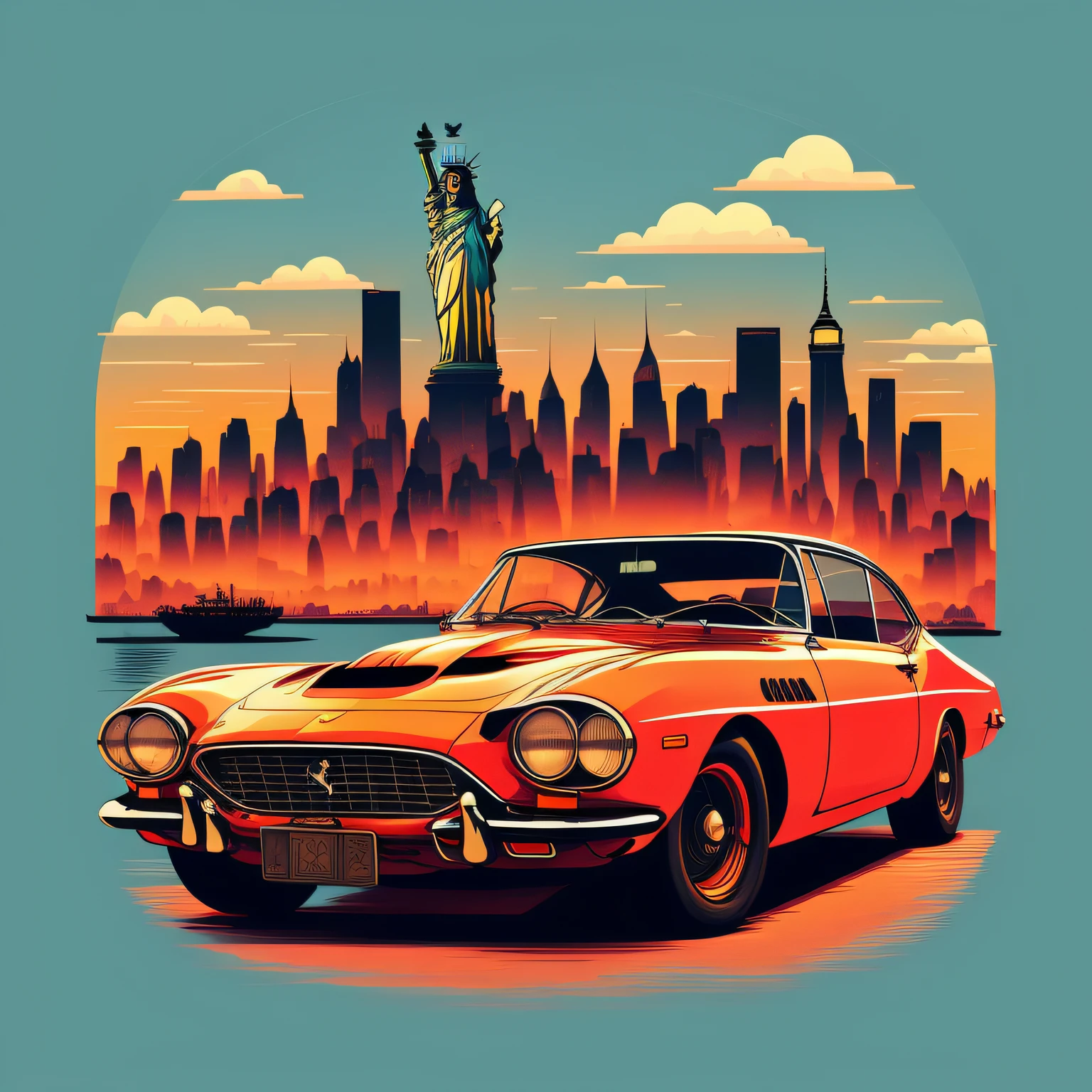 I would like a unique t-shirt design featuring a classic Ferrari in the backdrop of New York City.The illustration should showcase the nighttime view of the city, with its towering skyscrapers and vibrant lights.The classic Ferrari should be depicted with intricate details, highlighting its sleek and powerful design.To add a touch of futurism, incorporate reflections of lights on mirrored buildings.Include iconic elements like the Statue of Liberty or famous bridges to emphasize the New York City atmosphere.The illustration should convey a sense of speed, adventure, and the energetic pulse of the city.Combining realism with abstract elements, create a modern and dynamic style for the design.The t-shirt design should appeal to a broad audience, capturing the essence of both automotive enthusiasts and lovers of urban landscapes.Use high-quality vector graphics for optimal printing results.Please deliver the final design in a digital format compatible with common printing methods.