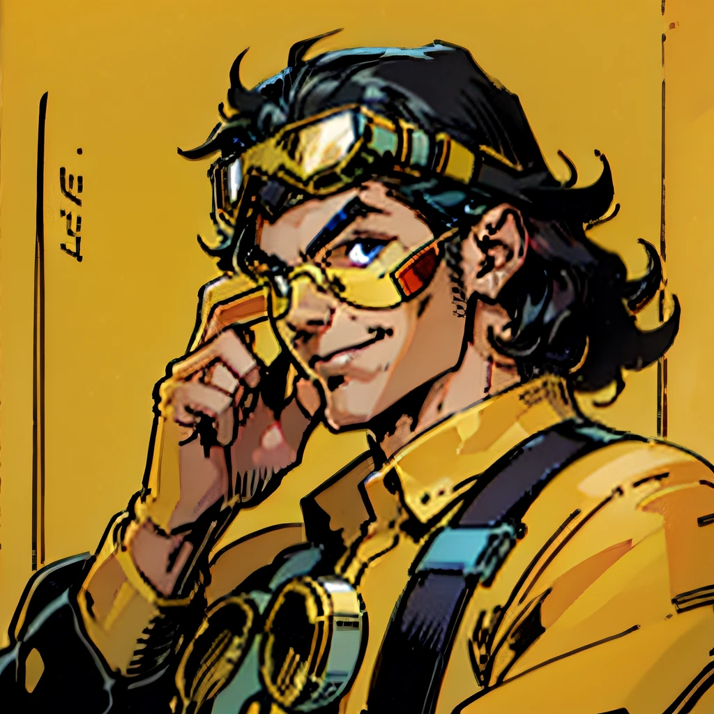 Man in anime looking forward making jewelry with his hand while smiling in DHL uniform and yellow helmet and goggles on his face --auto