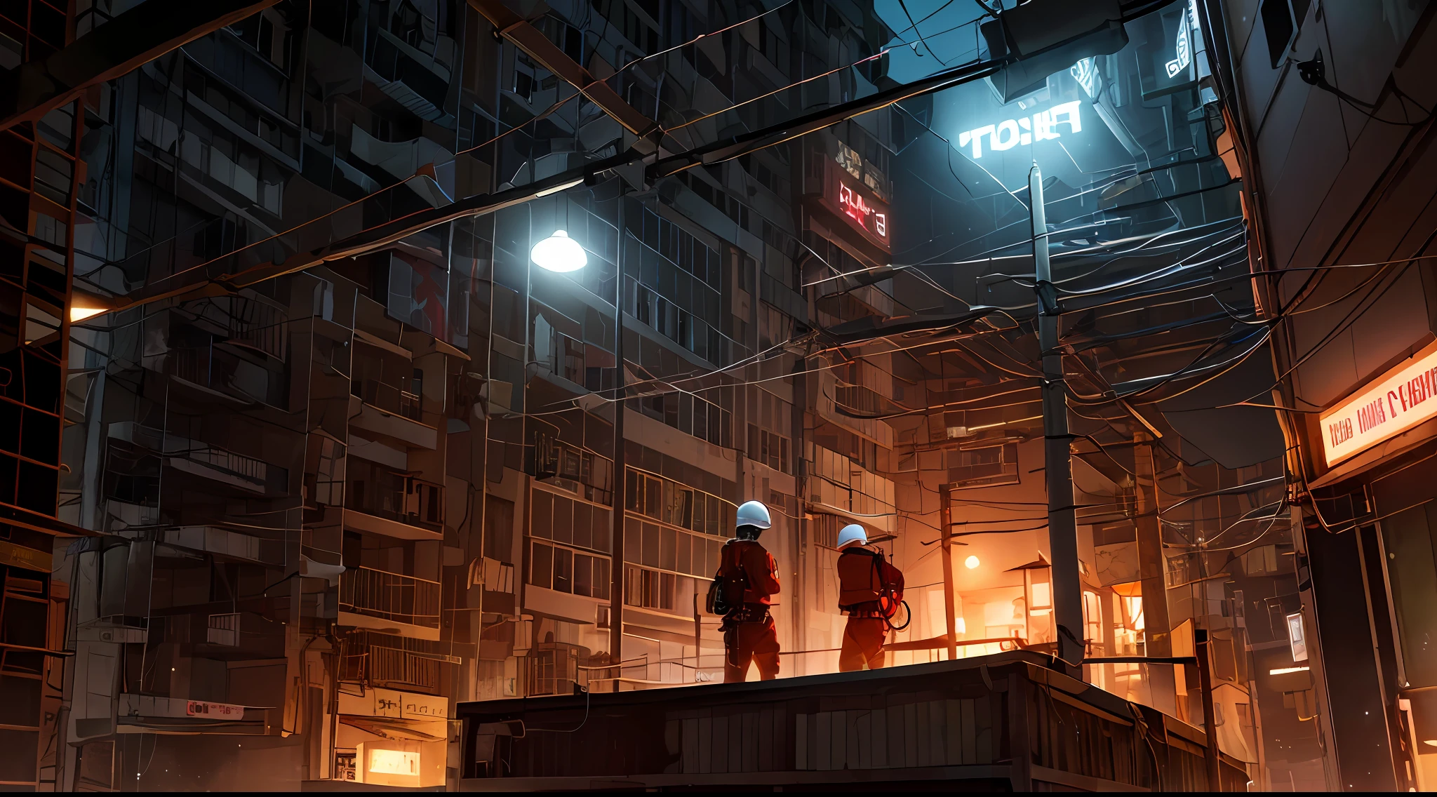 worker watches from a distance while other workers install optical fibers for an internet provider,((cyborgs:1.0)), uniform ((dark red)), red details, the environment is very technological, the year is 2060, (extremely detailed: 1.2), (intricate neon slums in the background:1.1), hyper-detailed, (soft lighting: 1.2), high resolution