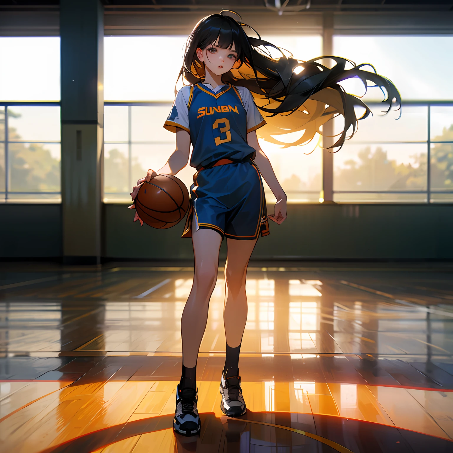 (8k, best quality, masterpiece:1.2), (realistic, photorealistic:1.37), ultra-detailed,best quality, ultra high resolution, professional lighting, photon mapping, radiosity, physically-based rendering, cinematic lighting, basketball court, depth of field, sharp focus, sunbeam, good composition, (bokeh: 1.2) 1 girl, solo, (full body), (mouth closed), beautiful detailed eyes, pose, narrow waist, basketball uniform,  Black hair, messy hair, long hair floating in the wind, (Ulzzang-6500:1.2) Mix4, realistic hiqcgbody --auto