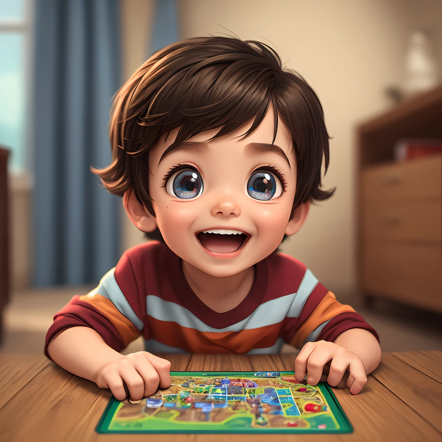 Little boy up close, saying "Happy with family game nights.
", Pixar style, 3D style, Disney style, 8k, cute