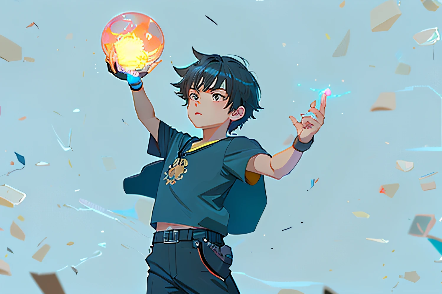 Cartoon eines Jungen, der eine leuchtende Kugel hält, er spricht einen Blitzzauber, inspiriert von Un&#39;ichi Hiratsuka, im Anime-Stil, einen Feuerball schwingen, [digital art]! Entstehen einer Macht über die Hand
